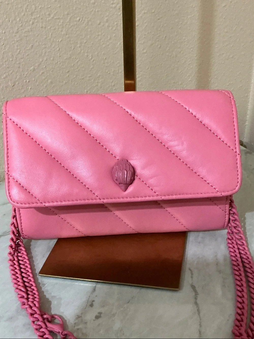 Kurt Geiger London Soho Drench leather wallet on a chain quilted vibrant pink 🤩